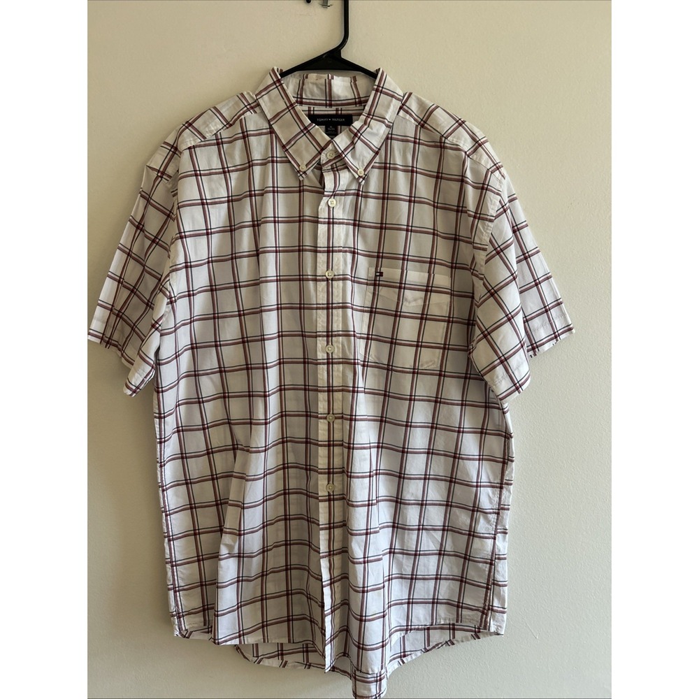 Mens Tommy Hilfiger Plaid Button Up Short Sleeve Shirt Blue Red White Mens XL